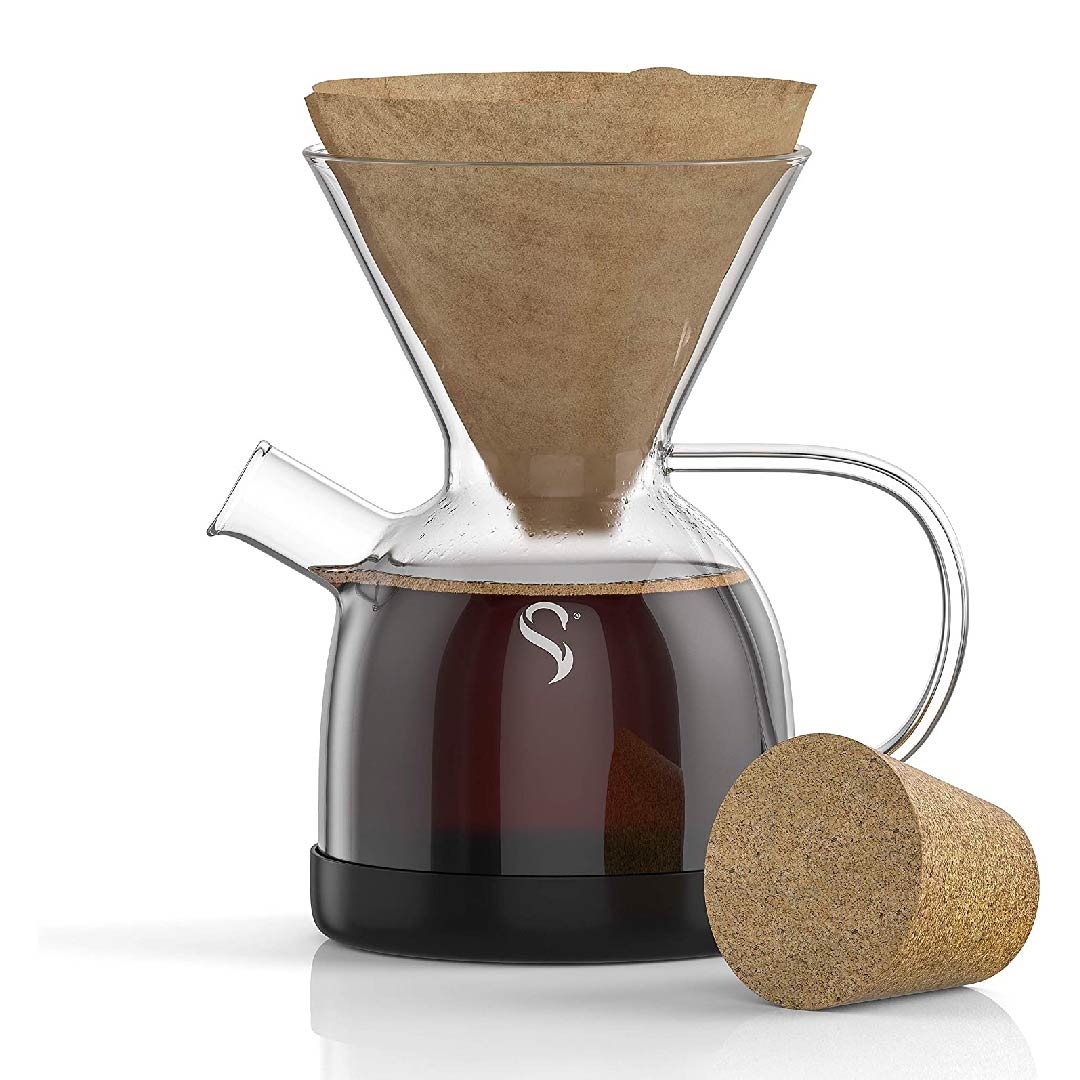 Cafetera verter en vidrio de borosilicato con base en silicona y tapón de corcho marca SHANIK